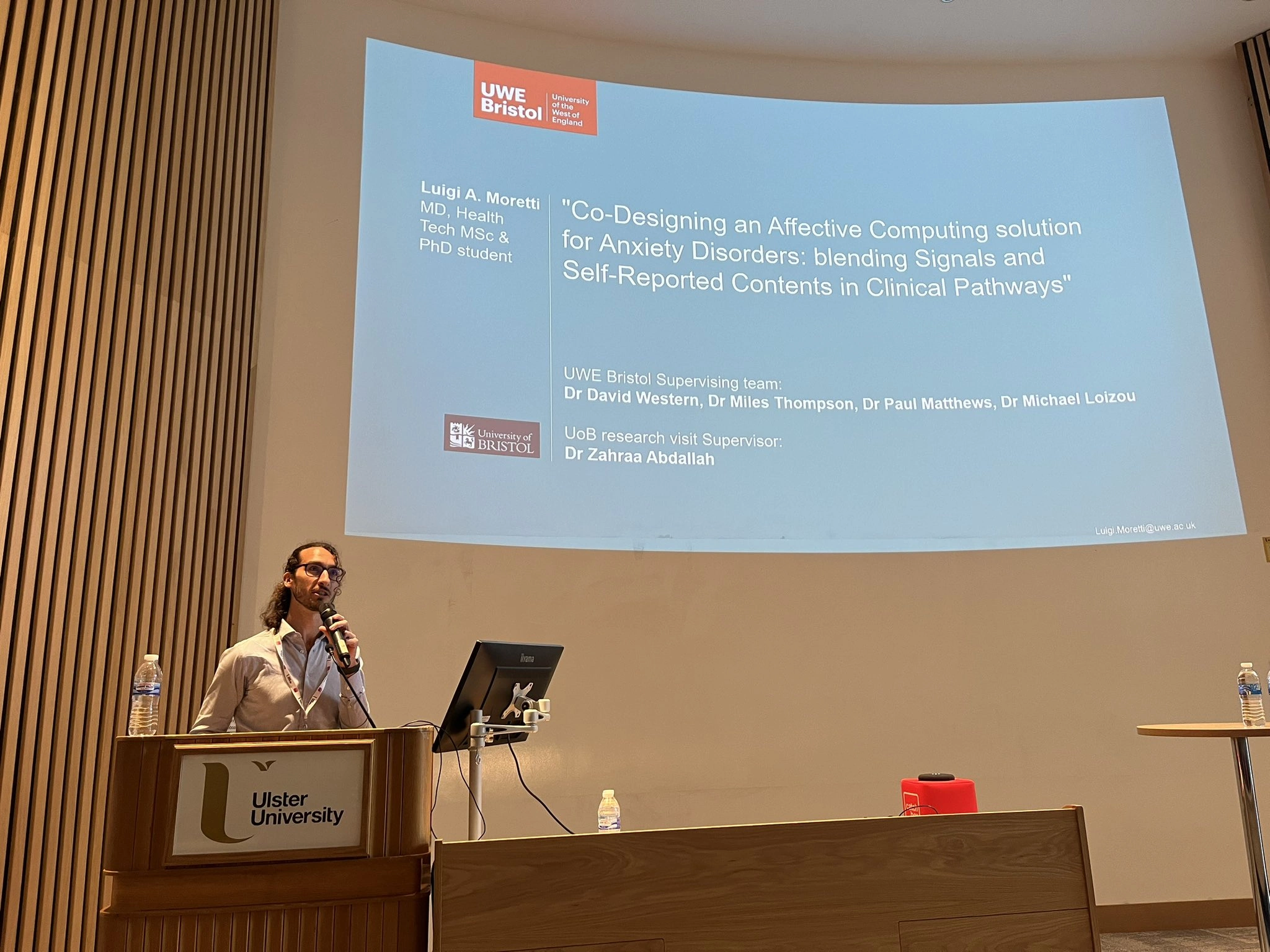 Luigi A. Moretti presenting MEMoPAD research on affective computing for anxiety disorders at Digital Mental Health Conference, Ulster University